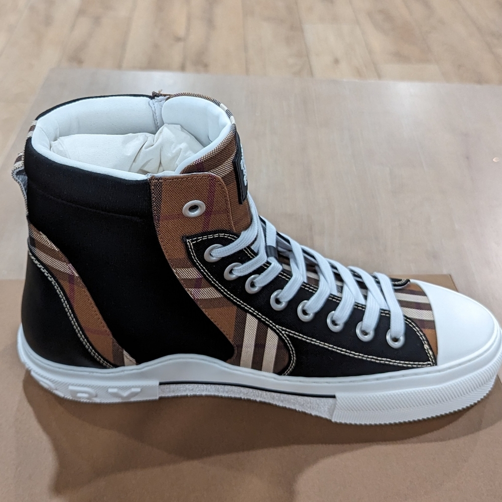 Mens Burberry Vintage Check Neoprene/Cotton High-Top Sneakers Black - Picture 6 of 8